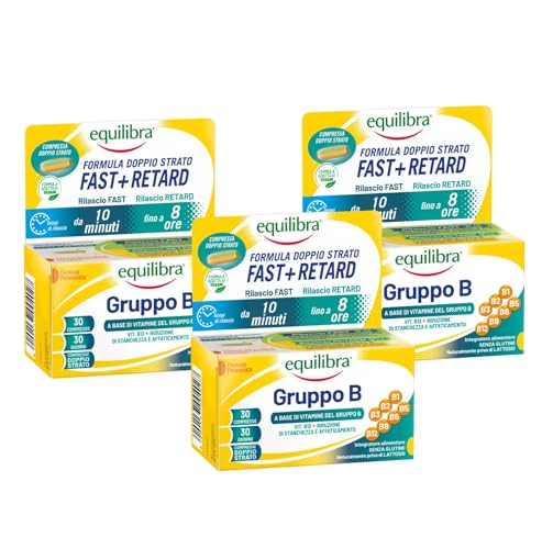 Equilibra Integratori Alimentari, Gruppo B, Integratore Vitamina B Formula Potenziata, Benessere Fisico-Mentale, Riduce Stanchezza e Affaticamento, 3 Pezzi da 30 Compresse Doppio Strato