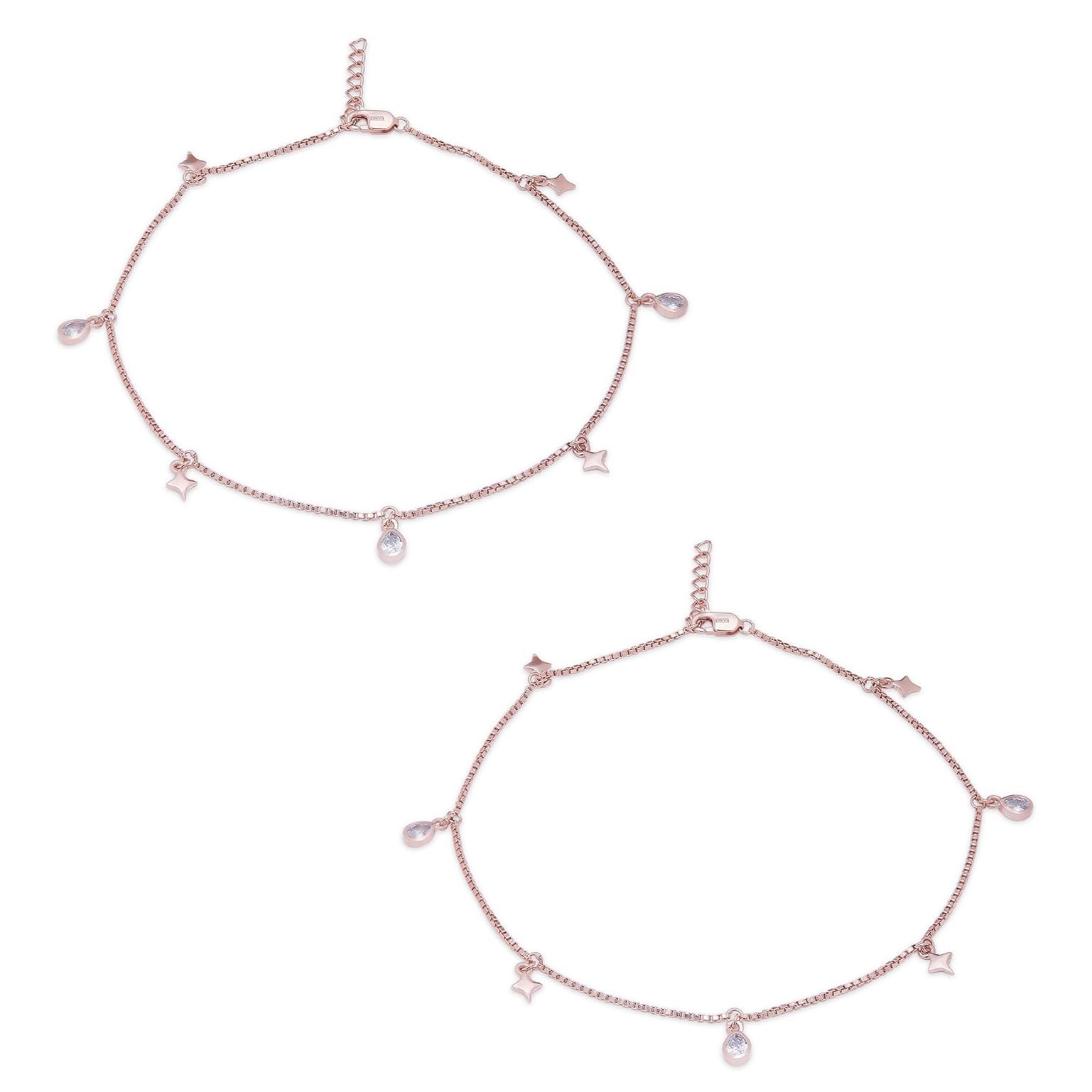 ZAVYA925 Sterling Silver Cubic Zirconia CZ Designer Star & Tear Drop Rose Gold Plating Anklet | Gift for Women & Girls |With Certificate of Authenticity & 925 Hallmark