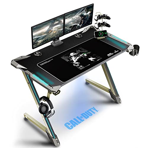 Image of EUREKA ERGONOMIC & Call of Duty UAV Gaming Desk, 45 inch Z Shaped Home Office PC Computer Gamer Table w /LED Light Projector Controller Stand & USB Charger Cup Holder Headset Hook Modern Warfare Mouse Pad
