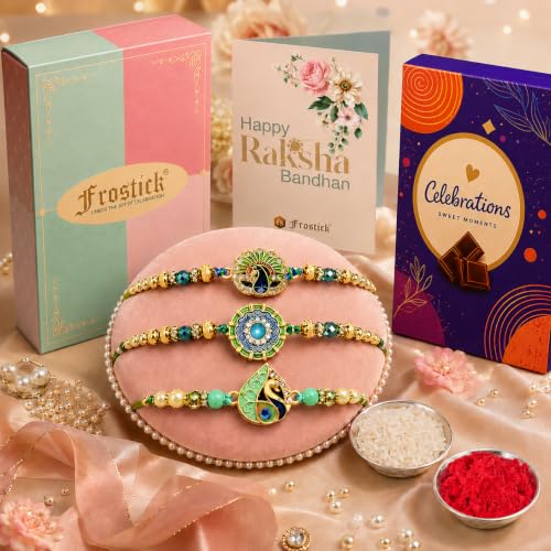 Image of Frostick Rakhi Gift Combo for Brother - Pack of 3 Rakhis, Celebrations Chocolates pack, Roli Chawal & Greeting Card | Raksha Bandhan Hamper for Men Rakhi Set for Bhai