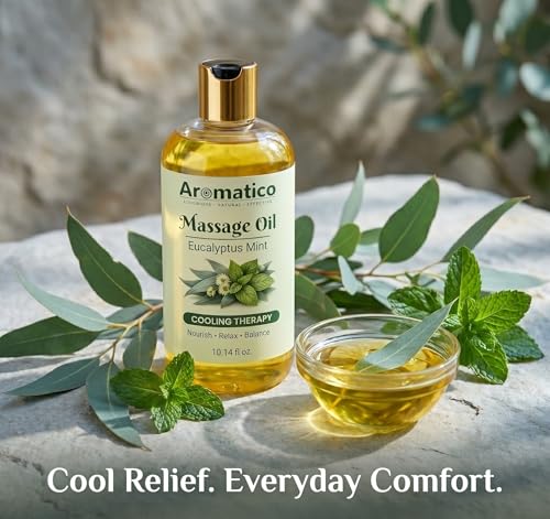 Image of AROMATICO Eucalyptus Mint Massage Oil - Eucalyptus Massage Oil with Peppermint, Almond & Jojoba for Muscle Relaxing, Stress Relief & Skin Nourishment | 300ml