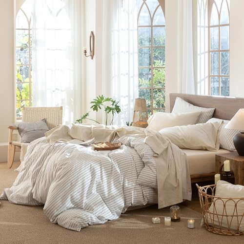 Image of MooMee Sheet Set 100% Washed Cotton Linen-Like Extra Deep Pocket Queen | Relaxed Linen-like Texture. Soft, Breathable & Lightweight Comfort. 15-19 inch Extra Deep Pocket with All-around Elastic