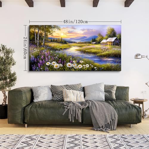 SERIMINO Large Wall Art for Living Room, River Landscape Wall Art, Meadow Wildflower Canvas Art Prints, Countryside Sunset Paintings Wall Decor for Bedroom, Farmhouse Kitchen Decor Pictures 24"X48"