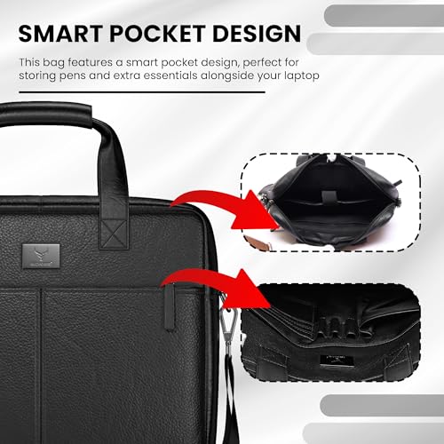 Image of REDHORNS Genuine Leather Office Bag for Men & Women | 15.6-Inch Laptop Messenger Bag | Business Bag with Handle, Padded Laptop Compartment, Adjustable Sling Strap, Zipper Closure - Black
