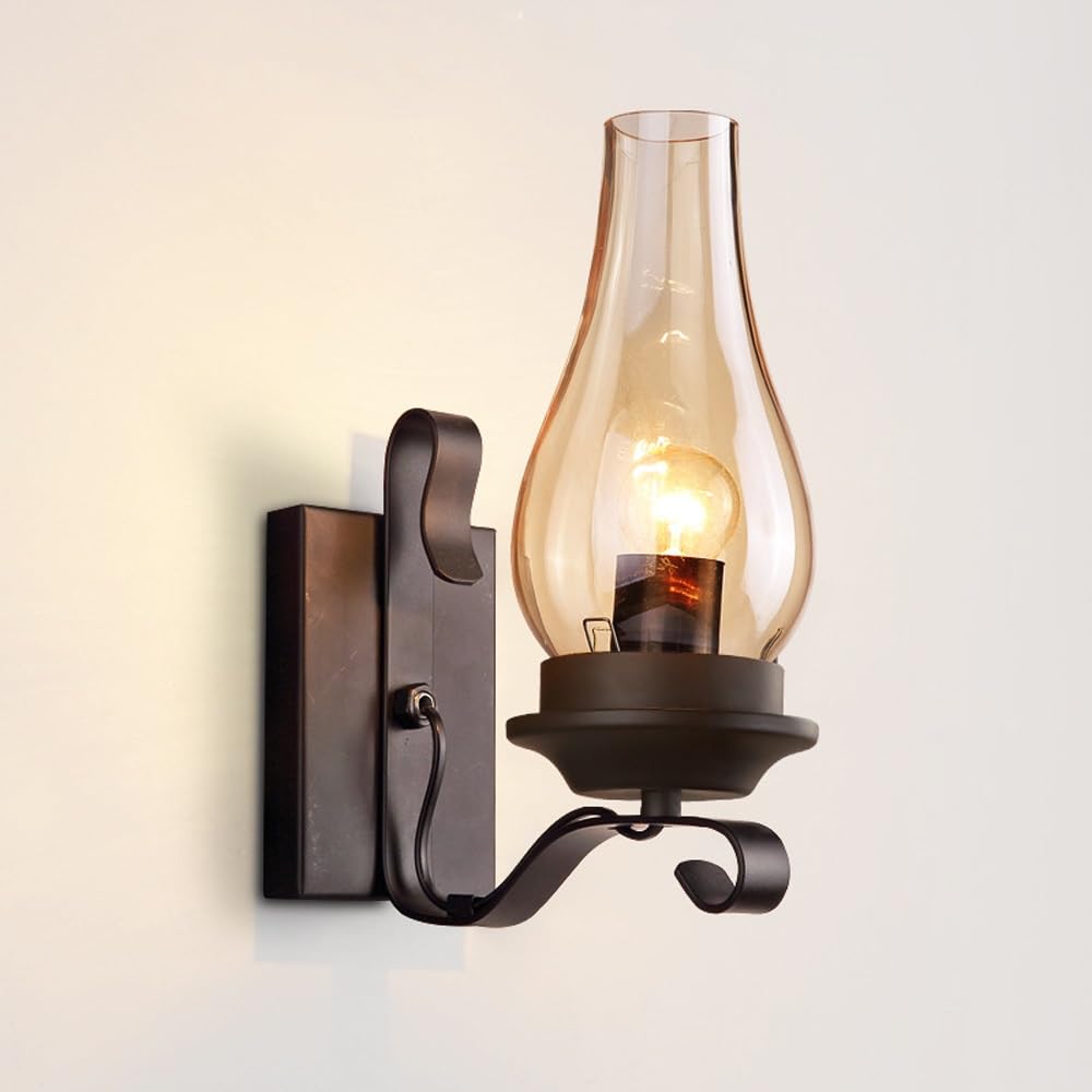 ITOSUI Wall Sconce, Wall Light Fixture, Hurricane Wall Sconce, Kerosene Style Lamp, Rustic Farmhouse Decor, Cognac Glass Chimney, Wrought Iron, E26 Base for Bedroom, Living Room, Hallway