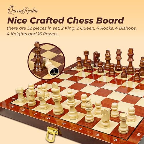 Image of QueensRealm 16 Inch Chess Board Set - Large Wooden Handmade Magnetic Foldable Chessboard for Kids & Adults, 16 Inch x 16 Inch Compact & Portable Travel Chess with Inbuilt Storage (Wooden)