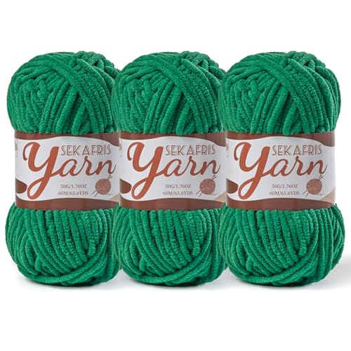 Image of 3 Pack Fluffy Velvet Yarn for Crocheting，Baby Blanket Yarn for Crocheting Soft，150g(196.8yds) Amigurumi Yarns，Plush Chenille Crochet Yarns，Puzzle Yarn for Crochet Weaving Craft(3 Greener)