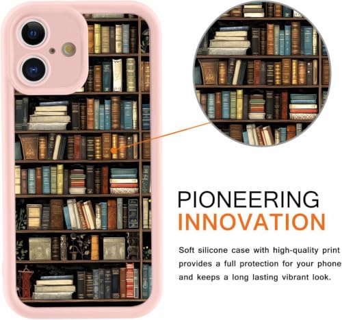 Image of VONZEE Cute Pink Book Shelf Back Cover for iPhone 13| Clear Shockproof TPU Protective Case | intage Library & Flower Shelf Pattern for Girls and Women