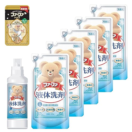 ファーファ 洗濯用 液体 洗剤 香り ひきたつ 無香料 本体 (500g) 1個 + 詰替 (400g) 5個 セット 柔軟剤 トリップ ドバイ オリエンタル ムスク の香り ワンパック (40ml) 付き