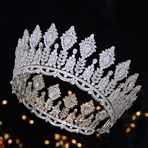 Jorsnovs Luxury Cubic Zirconia Wedding Round Tiaras Zircon Stage Awards Large Queen Crowns CZ Bridal Hair Accessories Pageant Headpieces for Women