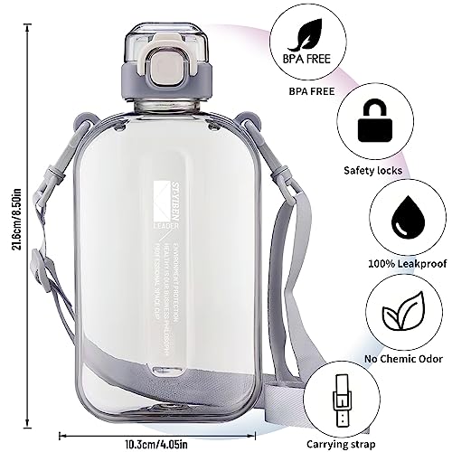 Darryy Auslaufsichere Trinkflasche, Gym-Wasserflasche, flache Wasserflasche, 750 ml, auslaufsicher, Sportflasche mit Riemen, Bpa Trinkflasche ohne Wasser, Grau