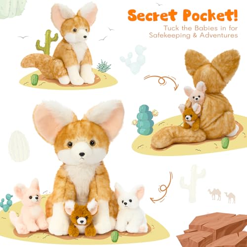 Image of Fennec Fox Plush Toy with 3 Babies, 17.4 inch Fox Stuffed Animal