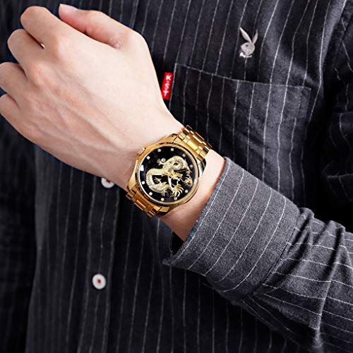 Image of Men Luxury Gold Chinese Dragon Carved Dial Diamond Quartz Watch Casual Waterproof Sport Stainless Steel Wristwatch