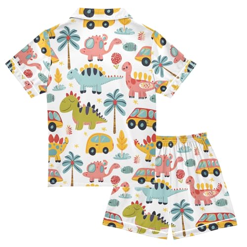 ALAZA Cute Dinosaur Car Palm Tree Pajamas Satin Pajama Set Short Sleeve Button Down Sleepwear2