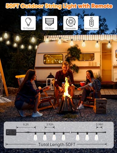 Brightever 50FT Outdoor String Lights with Remote, LED String Lights for Outside with 16 Shatterproof ST38 Vintage Edison Bulbs, 3 Modes 2 Timer Dimmable Outside Lighting for Patio, Gazebo, Deck, Yard - image 5