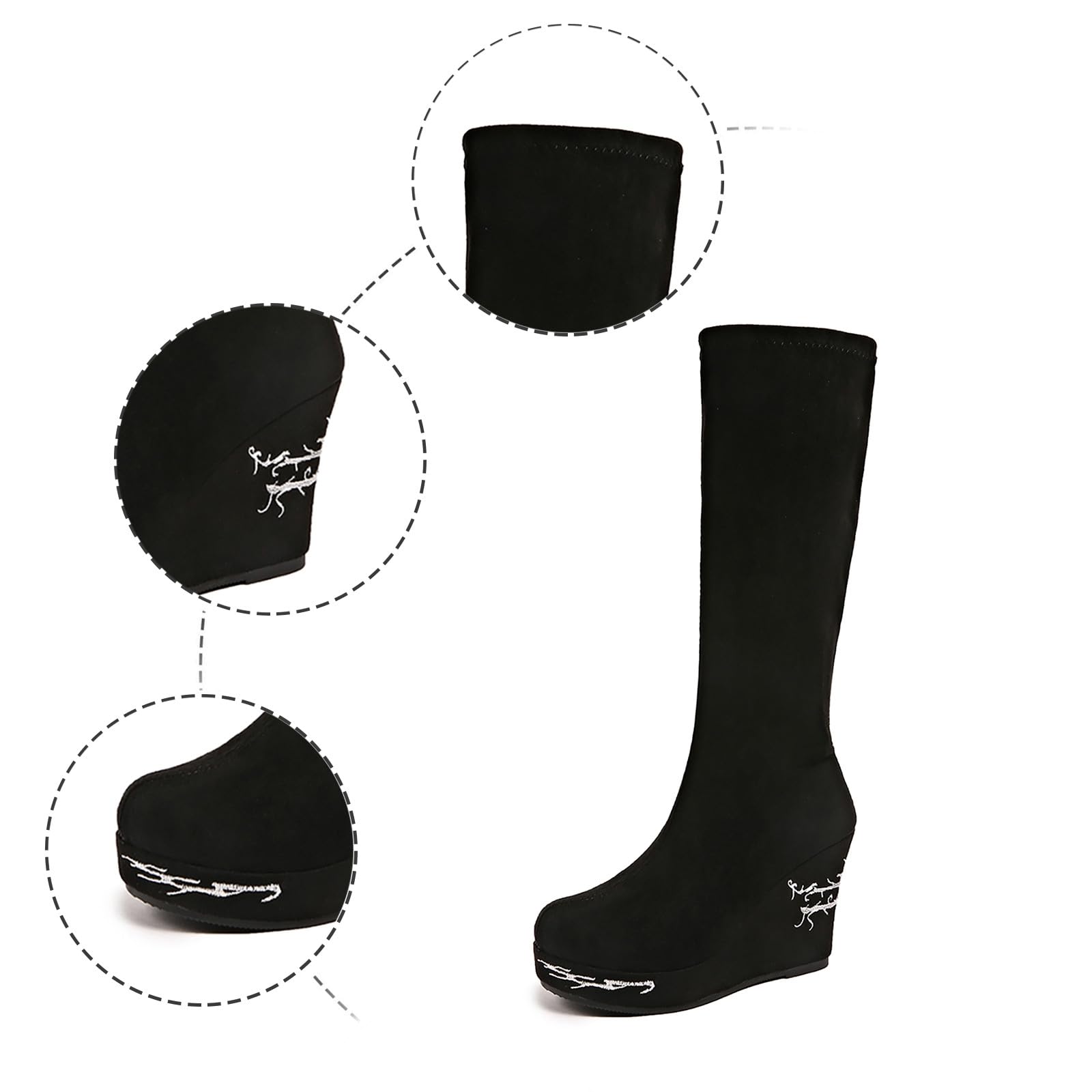 Botas por Encima de la Rodilla Botas de Media Pantorrilla con Estampado, tacón Grueso, sin Cordones, Punta Redonda, Estilo Retro, Informal, a la Moda, cómodas para Caminar