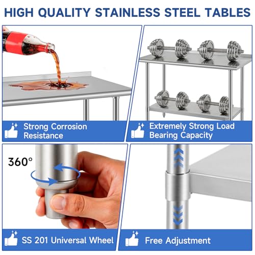 Image of ROCKPOINT SS304 Top All Stainless Steel Table for Prep & Work with Backsplash 30x48 Inches, NSF Commercial Kitchen Heavy Duty Table with Adjustable Undershelf for Restaurant,Kitchen, Home and Hotel