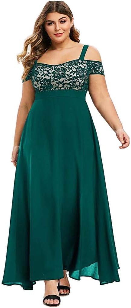 GenericFashion Women's Plus Size Off Shoulder Evening Dress Lace Floral Long Dress, Cheap Evening Dress, Large Size Straps Dress (Color : Green, Size : 3XL)