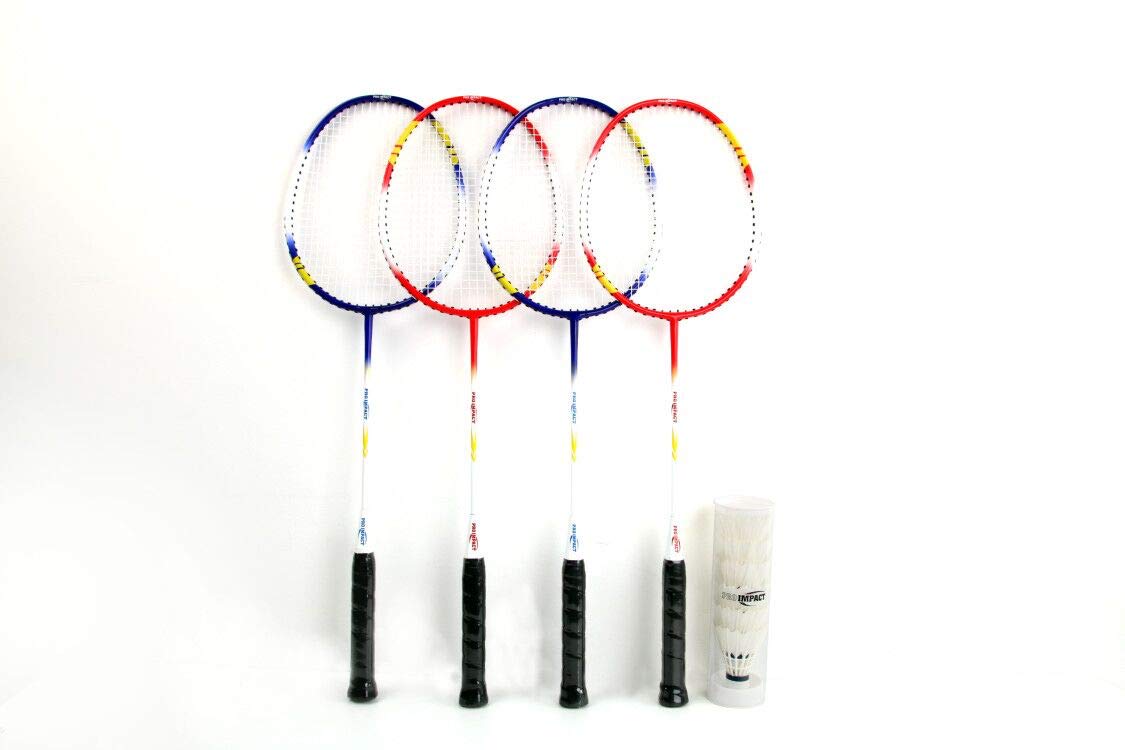 Set da badminton con testa in alluminio e asta in acciaio, include racchette, volani con piume e custodia per il trasporto, giochi all'aperto per bambini, adulti e famiglia (4 racchette, 6