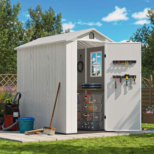 Image of Patiowell 4x6 FT Plastic Outdoor Storage Shed with Floor, Light Gray