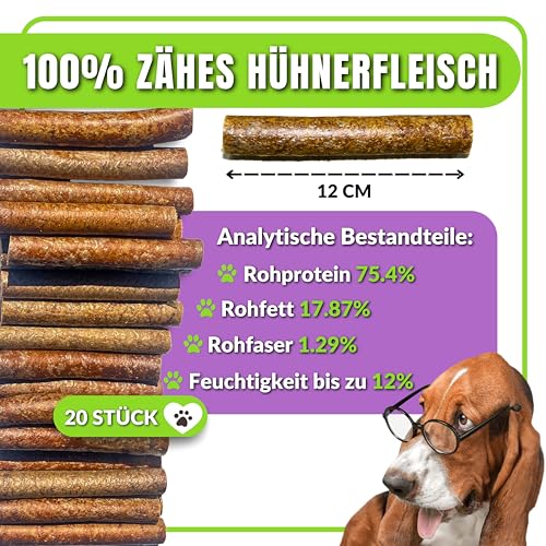 Naturbiss Hundezigarren aus HÄHNCHEN - 20 Stück (12 cm) - Barf Leckerlis Hypoallergen & Getreidefrei Zigarre - Monoprotein, 98% Muskelfleisch Rollen - Hähnchenfleisch Trockenbarf für Hunde