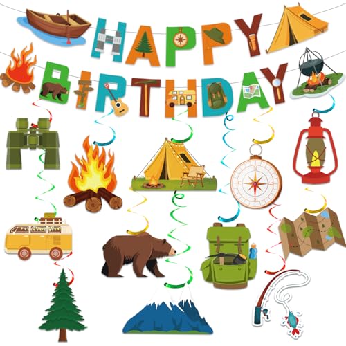 25Pcs Camping Birthday Party Decorations Camping Party Decorations with Camping Happy Birthday Banner Hanging Swirls Camping Decorations for Camping Adventure Summer Camp Themed Party Decorations