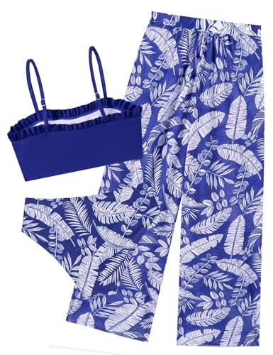 Image of Vogseek 6-16T Girls 3 Pieces Bikini Bathing Suit with Rash Guard Pants Quick Dry Swimwear Cover-Up Sets