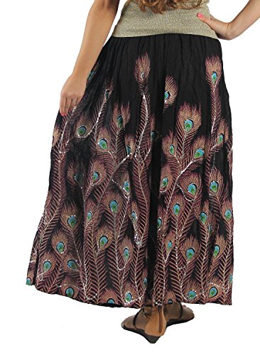 Women's Long Peacock Feather Bohemian Full Length Skirt (Black)3