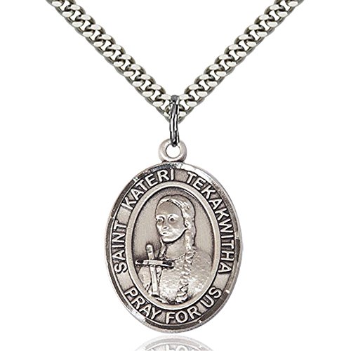 Bonyak Jewelry Saint Medal Collection Sterling Silver St. Kateri Tekakwitha Pendant 1 x 3/4 inches with Heavy Curb Chain