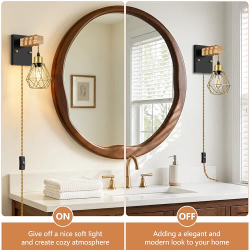 Image of Lomoky Rustic Plug in Wall Sconces Set of 2, Black Wall Lamps with Plug in Cord, Vintage Wall Light Fixtures with On /Off Switch and Gold Metal Cage for Living Room, Bedroom, Bedside