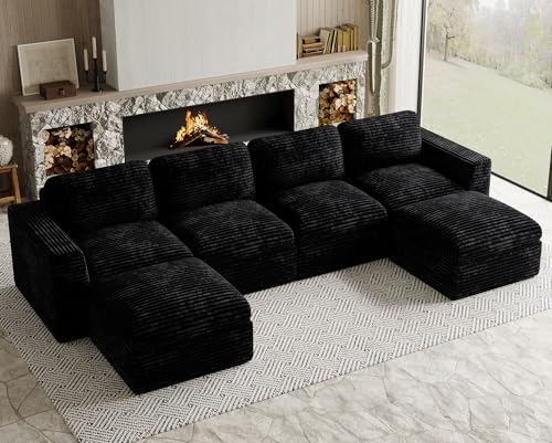 Uteeran Cloud Sectional Couches for Living Room Plush Corduroy U Shaped Boneless Modular Sectional Sofa with Deep Seat. Black Couch.