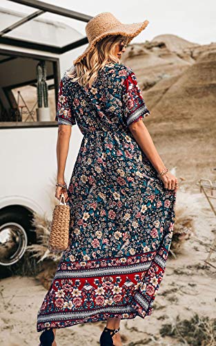 Image of PRETTYGARDEN Women's Casual Summer Boho Floral Print Dress V Neck Short Sleeve High Waist Long Maxi Beach Dresses