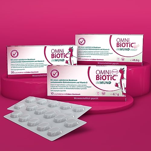 OMNi BiOTiC iMMUND | 10 Lutschtabletten | 1 Bakterienstamm | 1 Mrd Keime pro Lutschtablette | Mit Vitamin D | Vegetarisch | Zuckerfrei | Zur täglichen Anwendung | Auch für Kinder | Erdbeergeschmack