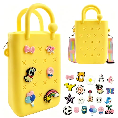 HMGES Mini Rubber Beach Tote Bag with Zipper & Adjustable Shoulder Strap Small Silicone Handbag with 20 DIY Charms Personalized Mini Beach Bag Compatible with Crocs Charms for Women & Girls-Yellow