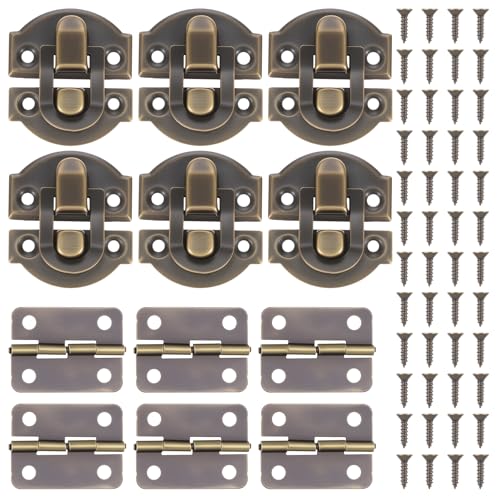 MBAIYO Antique Bronze Wooden Box Hinges and Latches, 6 Sets Hasp with Matching Screws Kit Antique Bronze Jewelry Box Hardware Retro Small Hinges DIY Project Jewelry Small Cabinet Wooden Craft Rep
