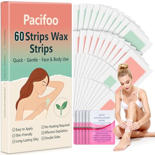 Wax Strips for Hair Removal: 60 Count (40 Large Body & 20 Face) Ready to Use Cold Waxing Kit for...