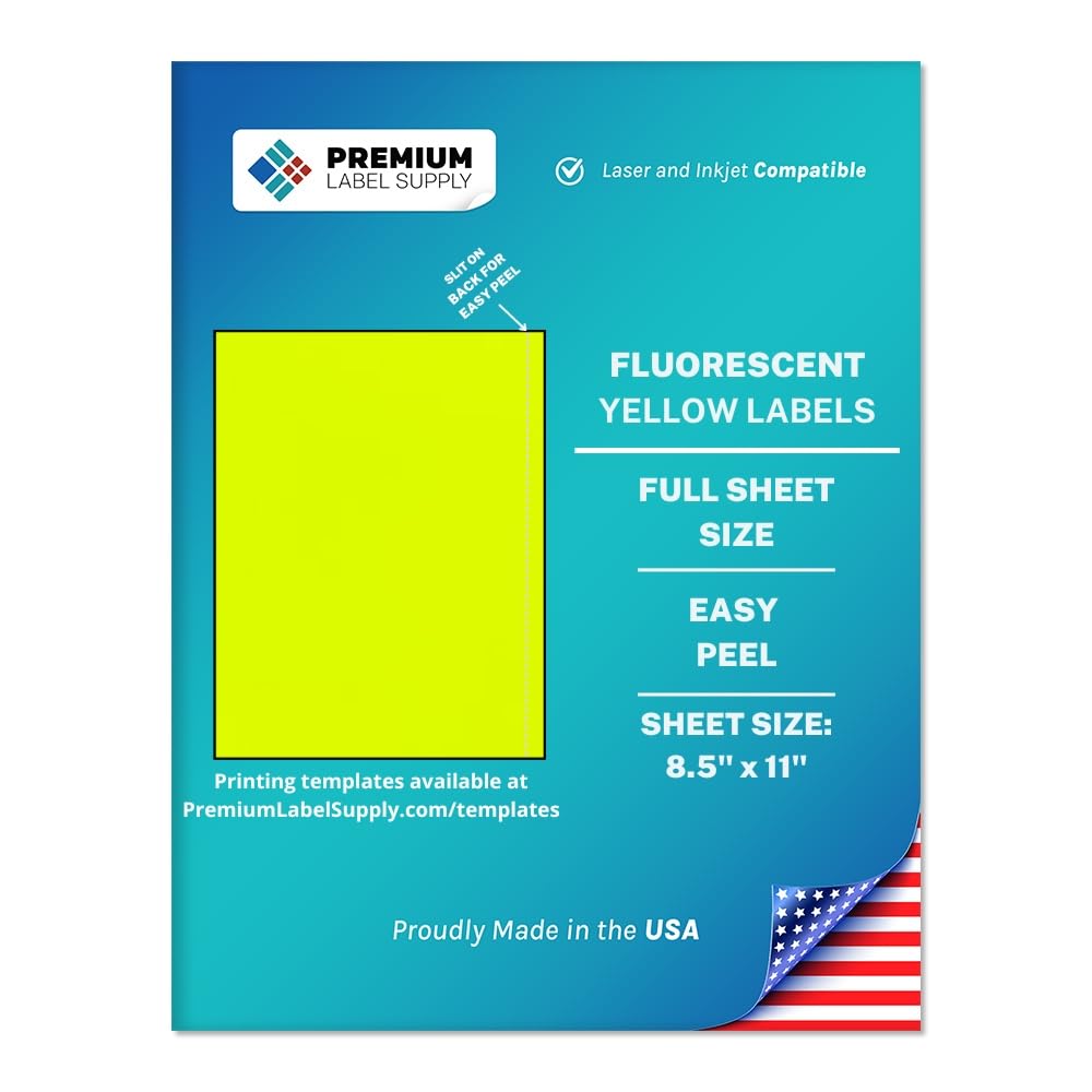 Premium Label Supply Bright Neon Color Fluorescent Sticker Labels - 8.5" x 11" Full Sheet Labels - (Fluorescent Yellow, 100 Sheets)