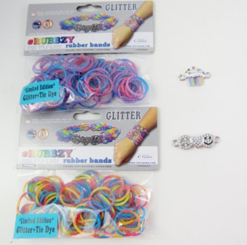 Rubbzy Glitter Limited Edition 2 Packs 100 Tie Dye Rubber Bands + 2 Charms - Cupcake + Peace,love,happiness Loom Set