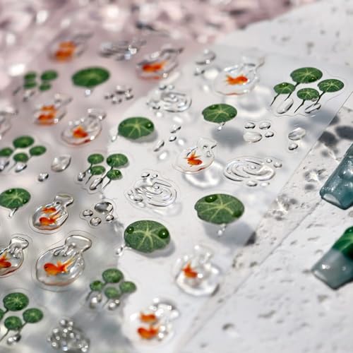 Image of 5D Embossed Goldfish Nail Stickers with Water Droplets Design Self-Adhesive Lotus Leaf Nail Art Decals for Women Manicure Decorations Supply