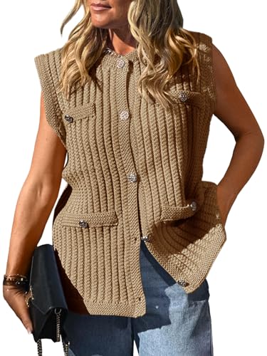 Saodimallsu Womens Sleeveless Sweater Vest Button Up Cable Knit Crew Neck Trendy Casual Loose Summer Cardigan