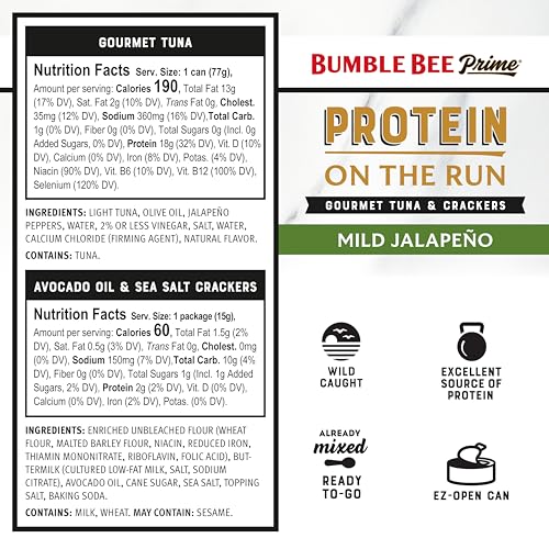 Image of Bumble Bee Prime Protein On the Run Mild Jalapeno Tuna Kit (Pack of 12) | Ready to Eat Easy-Open Canned Gourmet Tuna Marinated in Olive Oil with Crackers & Utensil, 19g Protein per Box