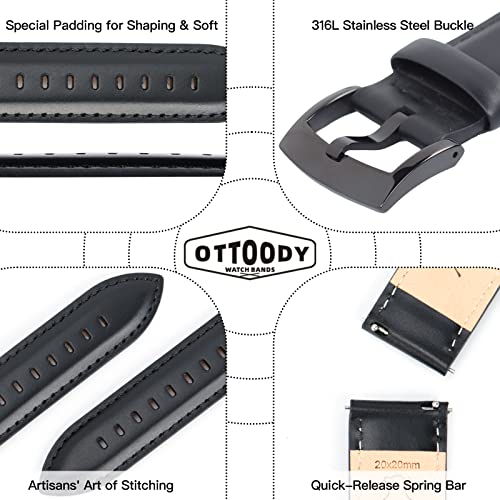 Image of OTTOODY Leather Watch Bands Quick Release, Elegant Top Grain Leather Watch Straps for Men & Women, Choice of Color & Width - 18mm, 19mm, 20mm, 21mm or 22mm Wristbands Bracelet for Watch & Smartwatch