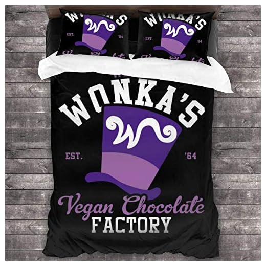 HKU Willy Wonkas vegan choklad fabrik 3 delar bäddset påslakan, dekorativt 3-delat bäddset med 2 örngott shams C10359