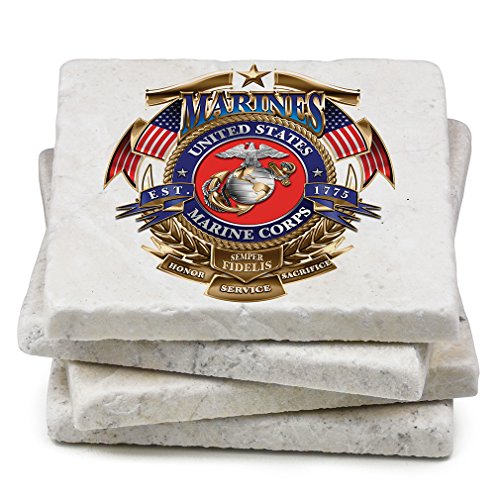 USMC Natural Stone Coaster- USMC Marine Corps Badge Of Honor Gift Box (Set Of 4)