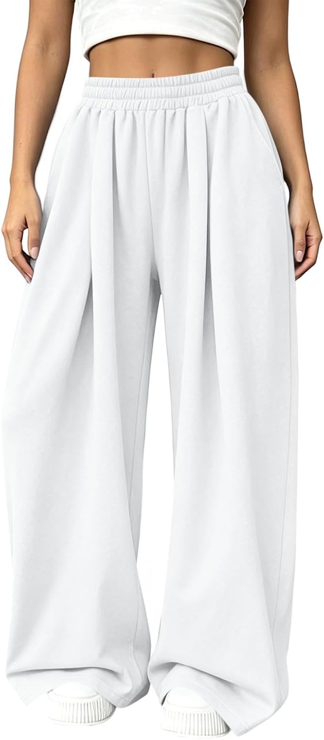 Women's Baggy High Waisted Wide Leg Sweatpants Front Pleated Pant | Oversized Loose Casual Lounge Trousers Elastic Waist Palazzo Trousers Comfy Full Length Pants with Pockets