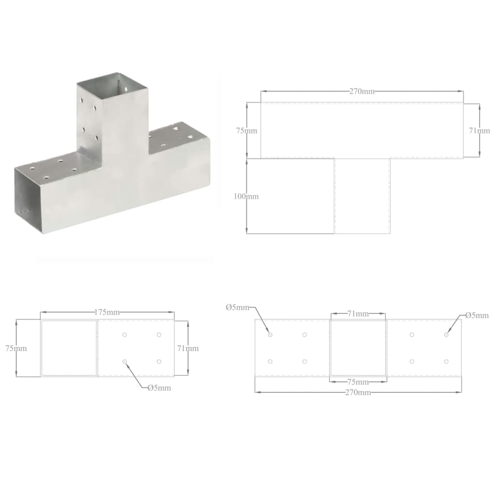 Connettore per Pali a Forma di T in Metallo Zincato 71x71 mm,Angolo per palo per Legno, Argento Supporto per Pali,per Gazebo e Porticati,da Avvitare,per Fissaggi su Calcestruzzo