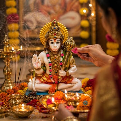 Image of Marble Ashirwad Hanuman Idol with Glossy Finish 6.5 Inch Statue for Home Temple Pooja Room Spiritual Gift