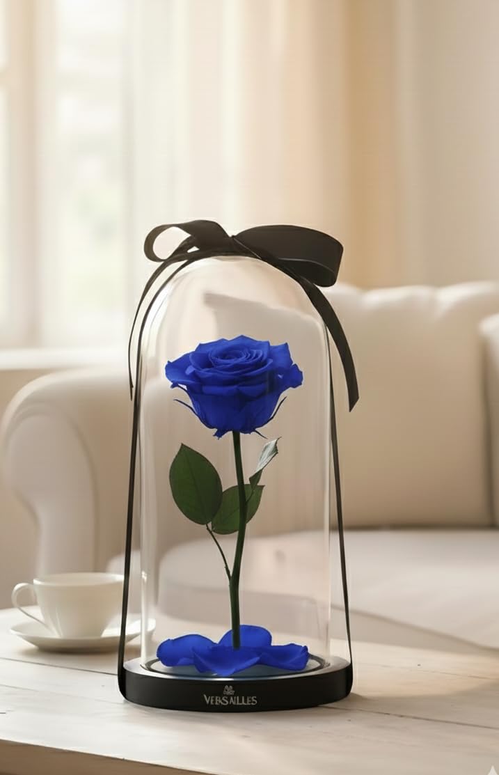 Versailles Eternal Blue Rose Medium Glass Dome | Black Ribbon & Fallen Petals | Luxury Handcrafted “Beauty and The Beast” Gift for Valentine’s Day & Anniversaries-picture-13