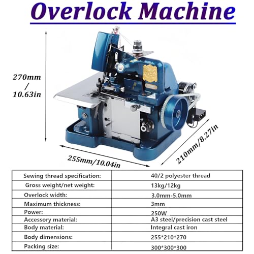 3-Igłowa maszyna do szycia overlock, 3000 SPM Industrial Speed - Auto Trim Stitch dla obszyciów i krawędzi, przenośne żeliwne ciało, silnik 250W do tapicerki i pikowania