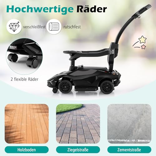 COSTWAY 3-in-1 Lamborghini Rutschauto, Schiebauto mit Scheinwerfern & Musik & Stauraum, Rutschfahrzeug mit abnehmbaren Schiebegriff & Universalrädern, Rutscher Auto für Kinder ab 1 Jahr (Schwarz) – Bild 8